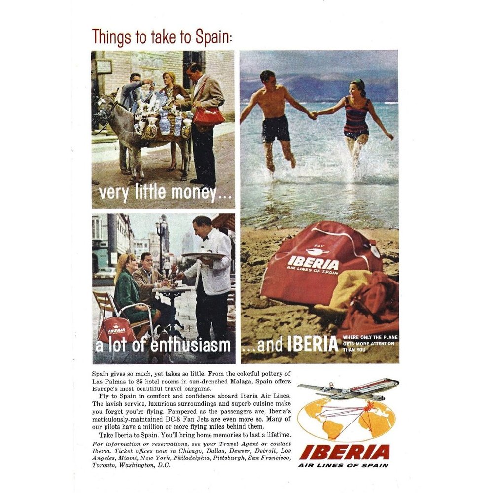 Iberia Air Lines of Spain 1960s Vintage Print Ad 9 inch Tall